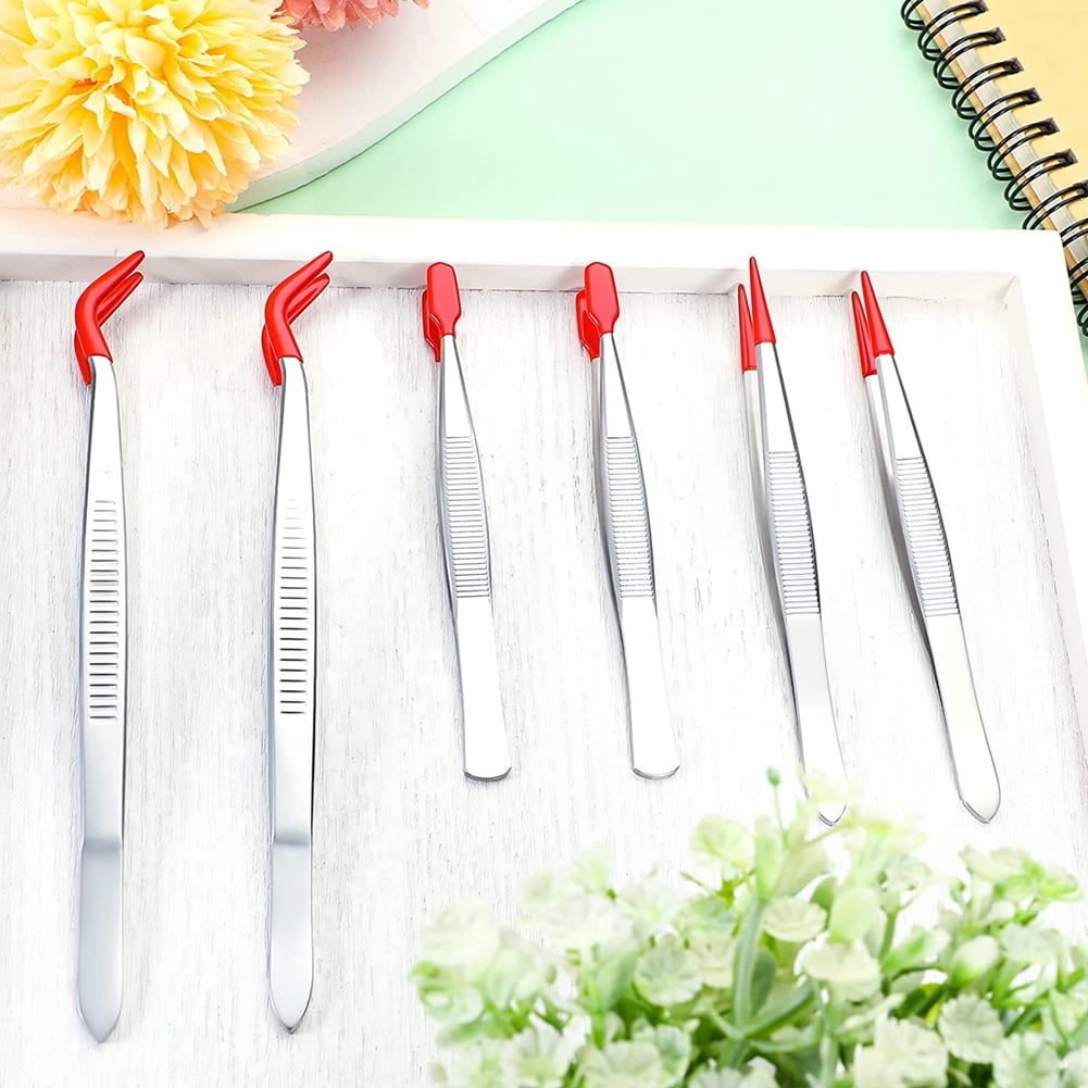6Pcs Tweezers with Rubber Tips Set Soft PVC Rubber Coated Tips Bent and  Straight Flat Tip Precision Bent Long Tweezers 