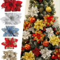 thumbnail image 3 of Flores de Navidad artificiales con purpurina, adornos de árbol de Navidad, decoraciones de Feliz Navidad para el hogar, decoración de Año Nuevo, 10/5 piezas, 14cm, 3 of 4