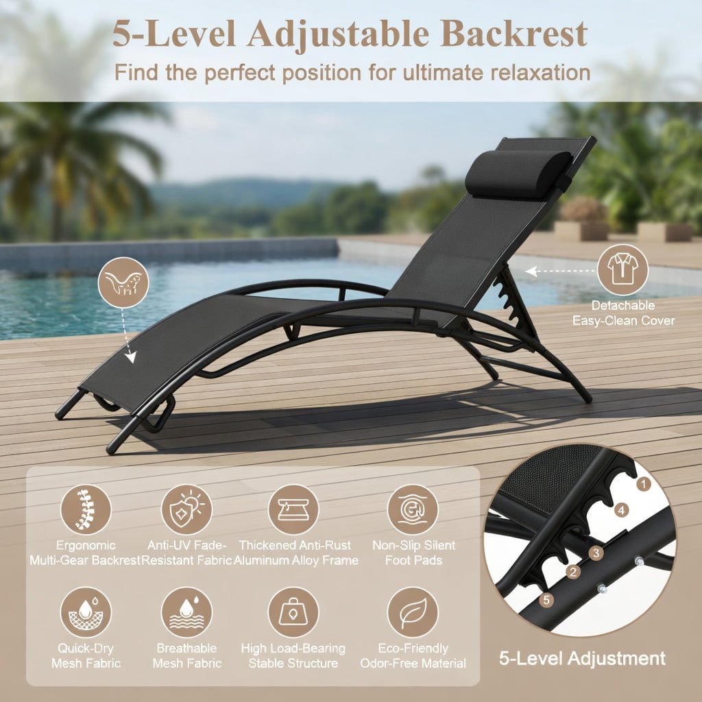 Hommoo 2-Piece Outdoor Chaise Lounge Set with 5-Position Adjustable Reclining Backrest, Heavy-Duty Metal Frame, Breathable Fabric, Black