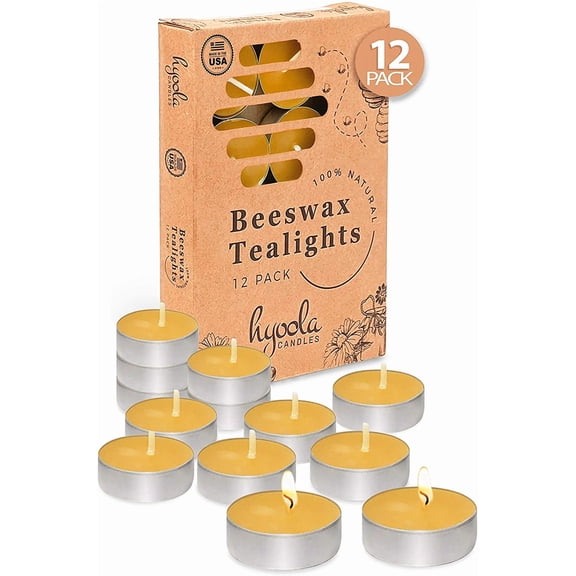Hyoola 4.5 Hour Natural Yellow Beeswax Tealight Candles in Aluminum Cups, Unscented Tea Lights for Home Décor, Weddings, Events, Shabbos, Holidays, and Everyday Use, 12 Pack