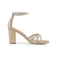thumbnail image 3 of BLISSFUL STEP Women's Shoes Rhinestone Crisscross Strappy Block Heel Faux Suede Ankle Buckle Sandals Khaki 10, 3 of 7