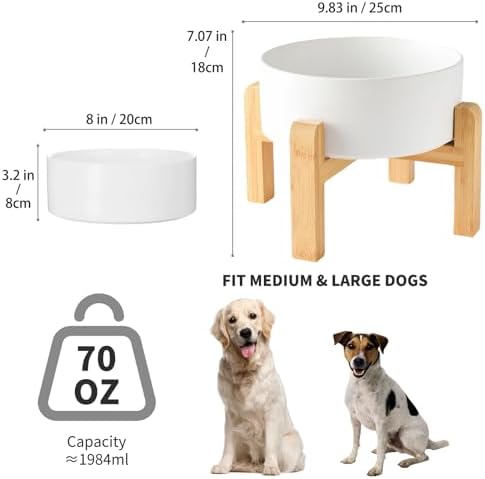 8'' Ceramic Raised Dog Bowl - 70Oz Dog Food & Water Bowl with Elevated Non-Slip Bamboo Stand, Dishwasher & Microwave Safe, Anti Vomiting Heavy Duty Pet Bowl for Medium and Large Dogs, White