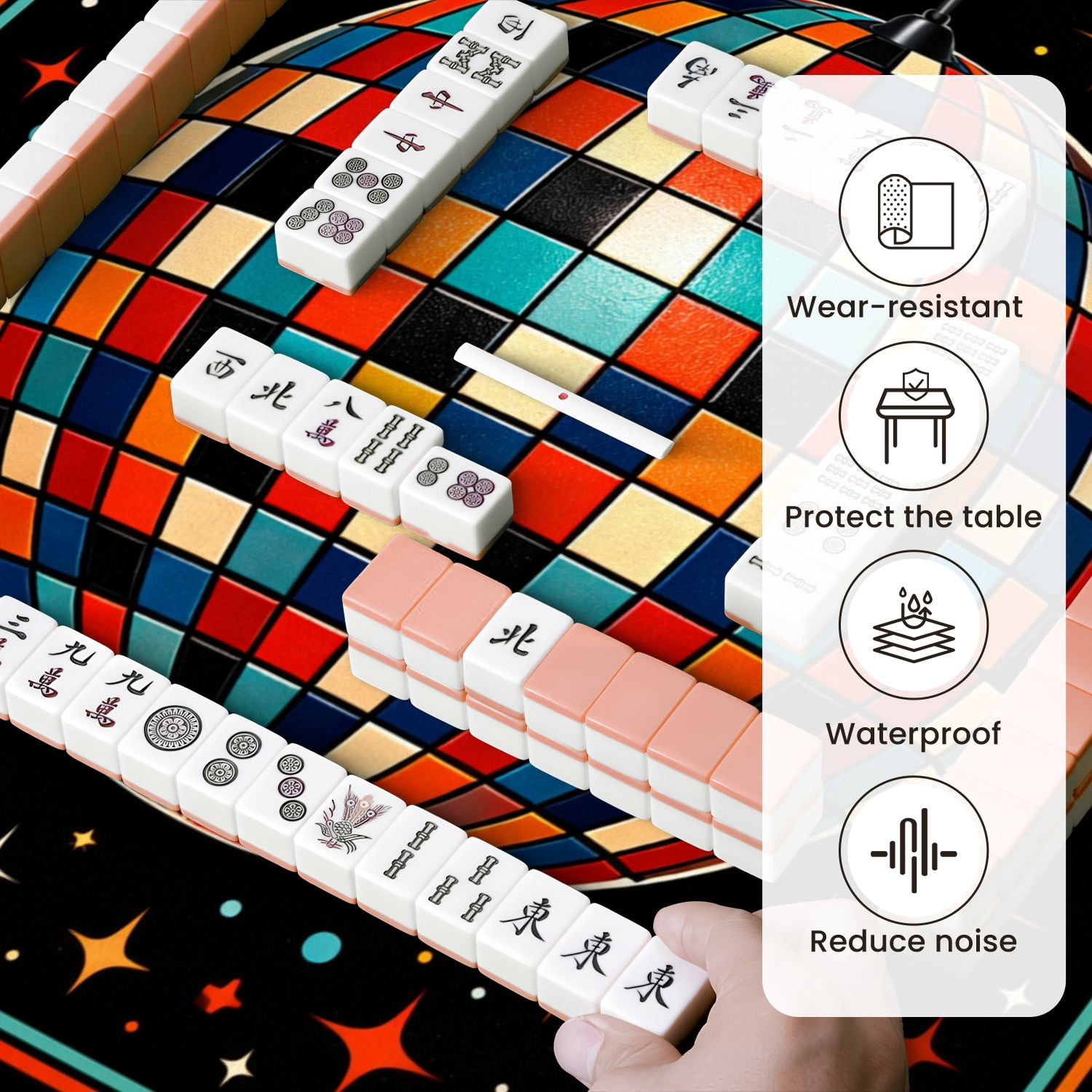 Mahjong Mat 31.5" x 31.5" Retro Disco Ball Colorful Geometric Tiles Sparkling Stars Non-Slip Noise Reduction Mahjong Tiles Table Cover for Dominoes Poker Card Board and Tile Games