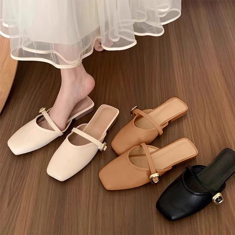 ladies dress mules Solid Color Square Toe Flat Backless Slip On Mary Jane Slides Spring Summer Shoes decorate your daily times and light up your whole life at our bests YDN Women's Comfy Kitten Low&High