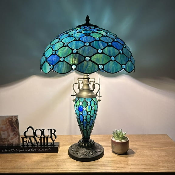 TiffanyTable Lamp Stained Glass Shade And Base Crystal Beans LED Bulbs Included for Living Room Bedroom Bedside 16"W*16"D*24"H
