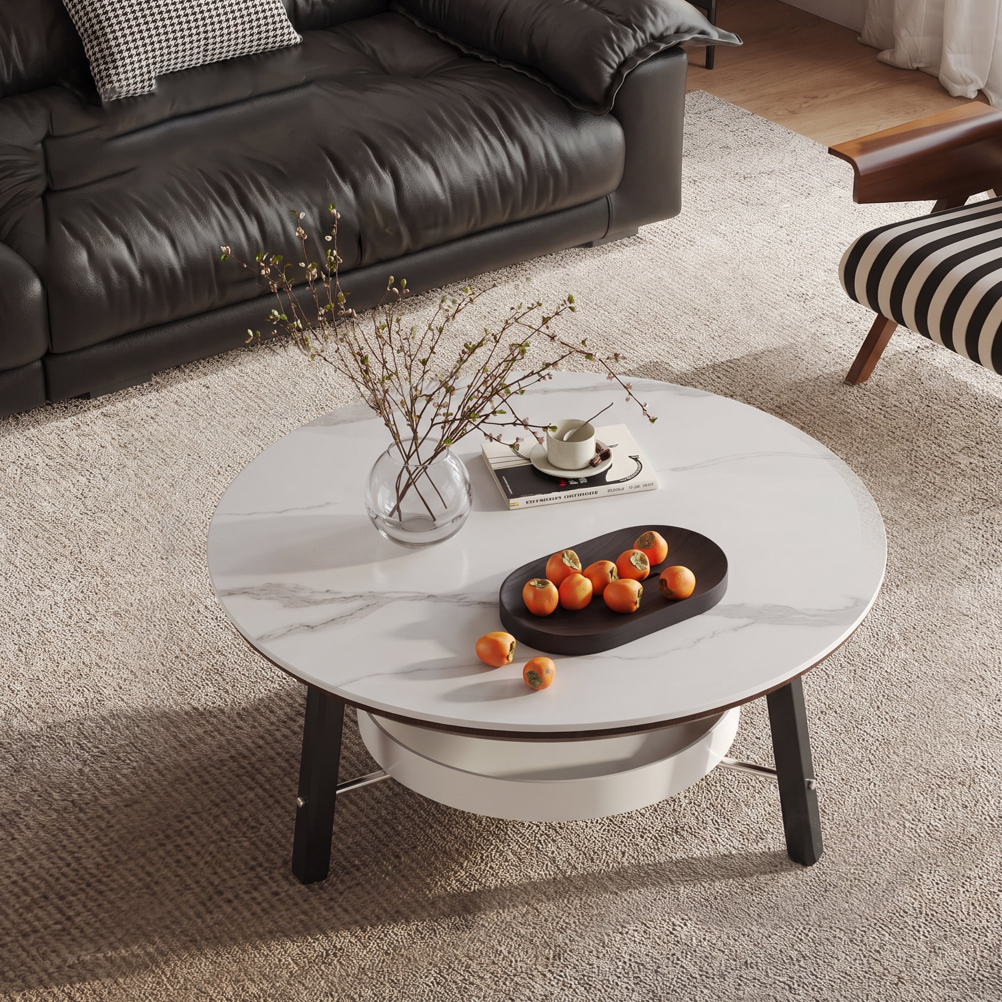 Leumius Round Coffee Table with Storage Shelf, Modern Minimalist Center Table for Living Room White