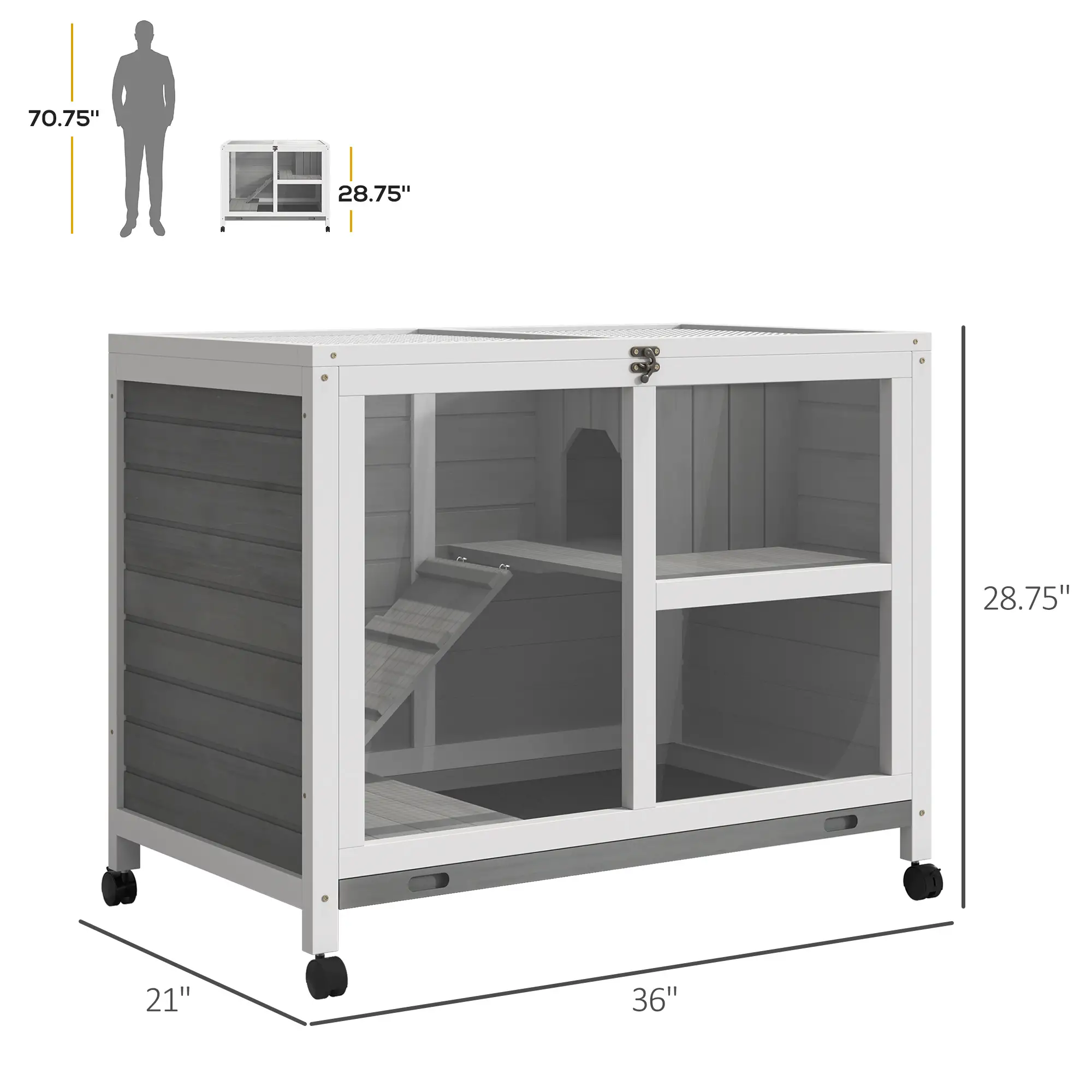 Pefilos 36" Wooden Rabbit Hutch with Run, Wheels, Removable Tray and Openable Top, Bunny Cage for Indoor and Outdoor, Gray