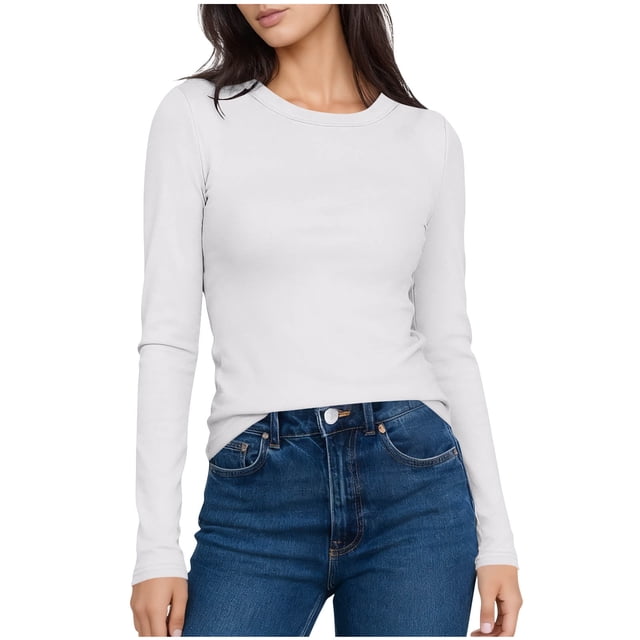 Lenpel Chandails Thermiques pour Femmes Doux Décontractés à Manches Longues Col Ras du Cou Doublés en Molleton Couches de Base Hauts Automne Hiver sous-Maillots (Blanc, Grand)