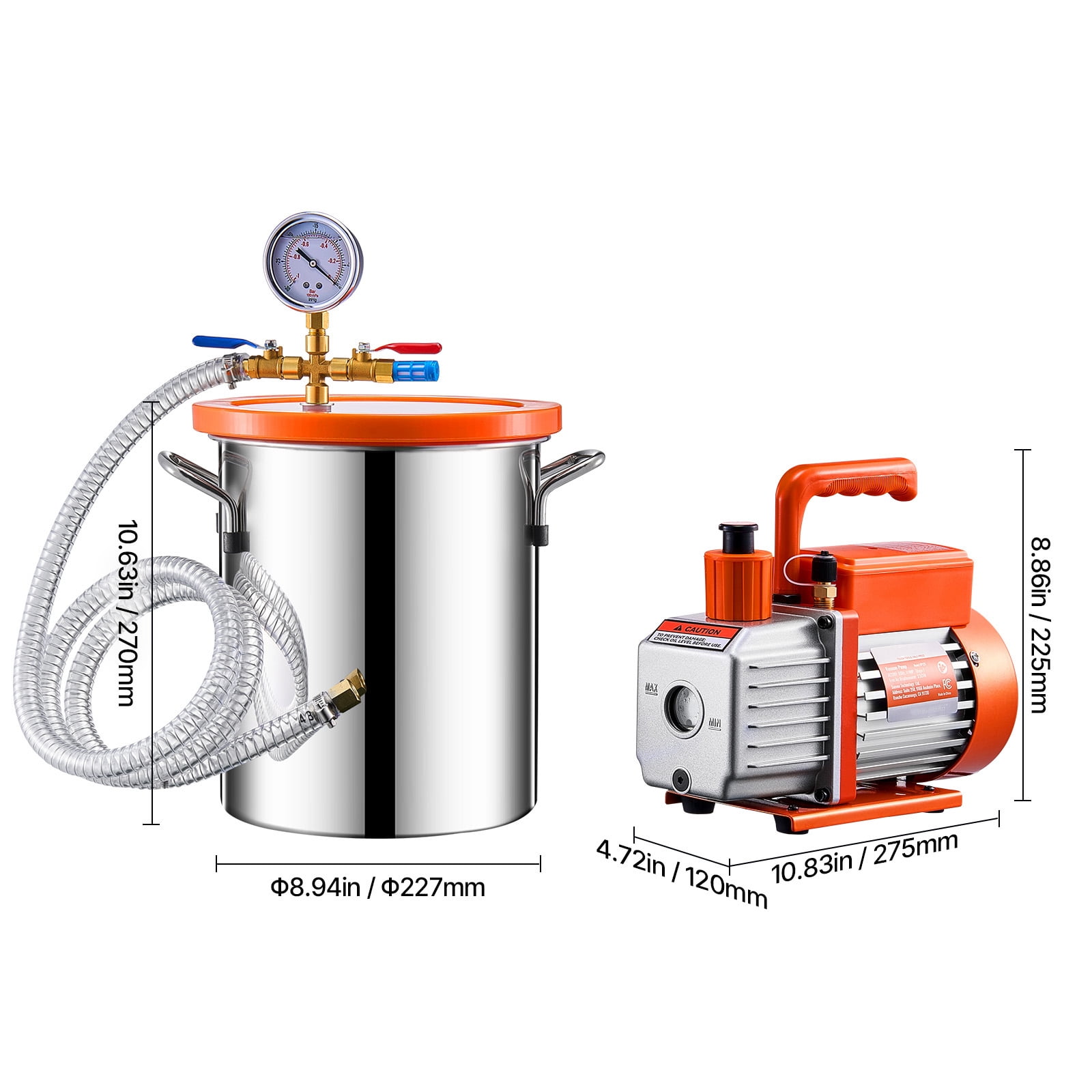 KFFKFF 3 Gallon Vacuum Chamber with 3.5 CFM Pump Kit, Composed of Stainless Steel Chamber, Single Stage Vacuum Pump Degassing Chamber Kit, Accompanied by Acrylic Lid, Oil, 4.92 ft Hose