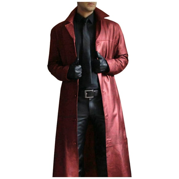Ploknplq Men's Midi Length Trench Coat Solid Lapel Long Sleeve Single-breasted Winter Coat Trench Coat Leather Jacket Red L