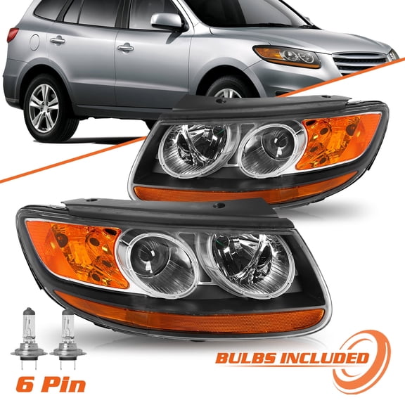 For 2007-2012 Hyundai Santa Fe 6pin Halogen 2pcs Headlights Black Amber Headlamps Assembly 07-12