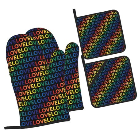 ZICANCN Oven Mitts and Pot Holders Sets , Geometric Love Pattern Baking Sets for Kitchen BBQ Gloves Heat Resistant Cooking 4 Pieces