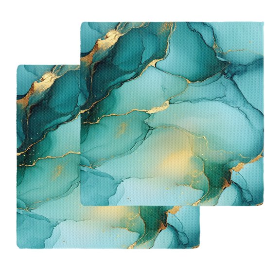 Teal Marble Kitchen Dish Towels for Drying Dishes Set of 2, Abstract Modern Ink Painting Art Waffle Weave Microfiber Hand Tea Bathroom Towels Quick Dry & Absorbent Towel 12x12