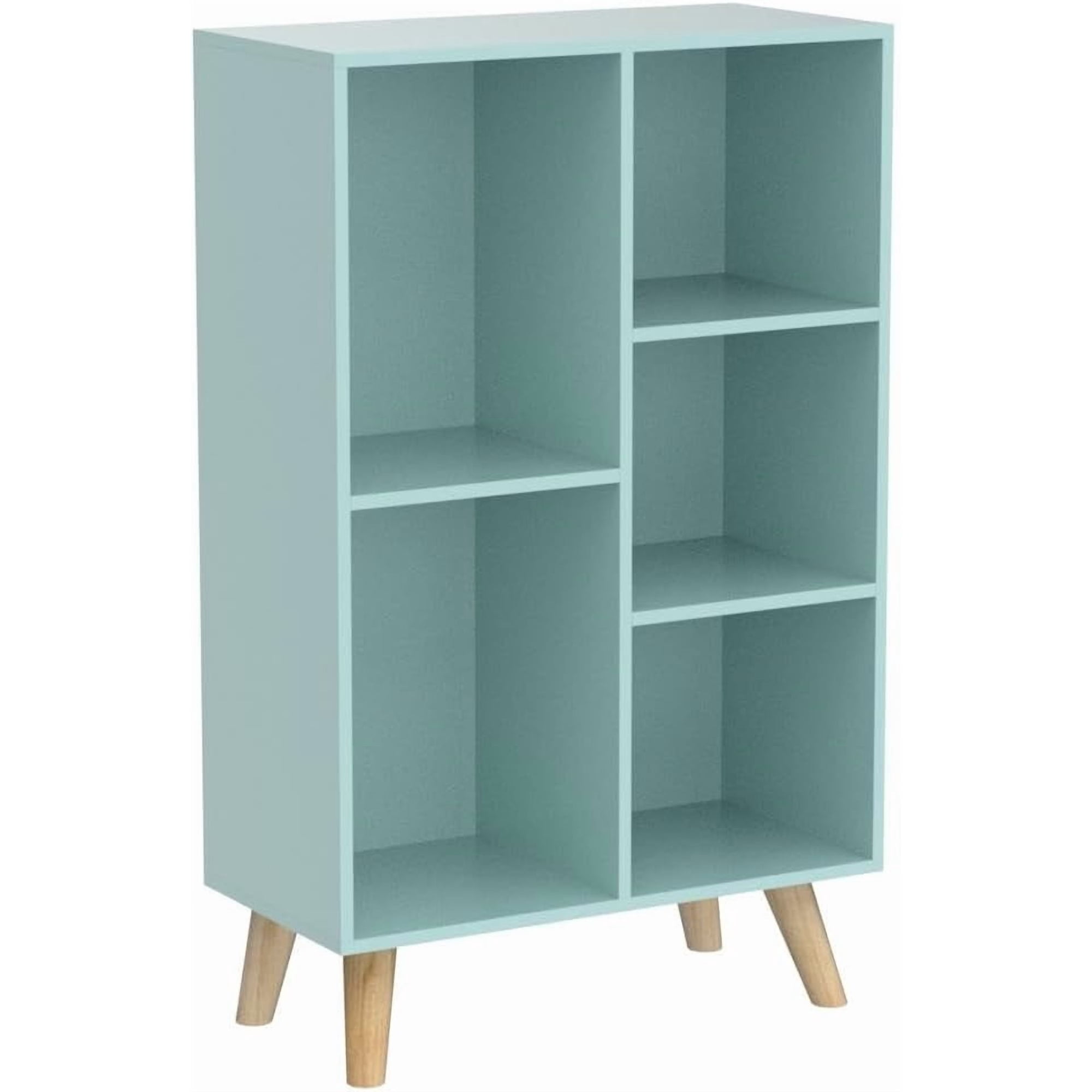 Wooden Open Shelf Bookcase - 3-Tier Bookshelf with Leg Tiffany-Green | Nordic Minimalist Style MDF Material Raised Solid Wood Legs 5 Storage Cubes Display Floor-Standing Cabinet Organizer