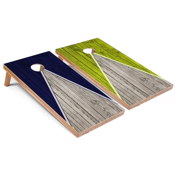 Skip's Garage | Navy and Lime Pyramid Cornhole Boards | Includes (2) Boards, (8) Bags & Optional Accessories