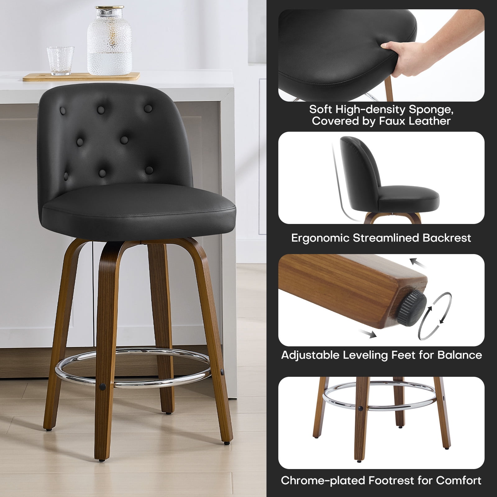 Foreate Swivel PU Bar Stools Set of 2, 26" Uholstered Leather with Button-tufted Mid-Back & Wood Legs, Modern Chair Kitchen Pub Island Counter Stool