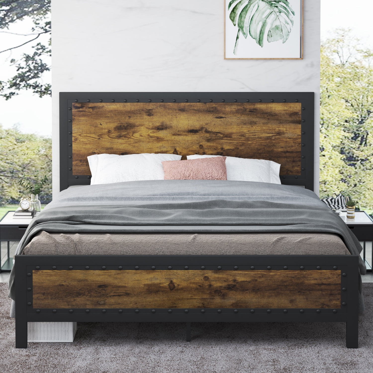 Amolife Full Size Heavy Duty Metal Bed, Wood Around Metal Bed Frame