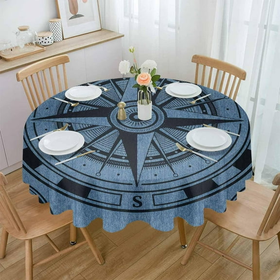 Blue Compass Nautical Round Tablecloth 60 Inch - Waterproof Fabric Table Cloth Protector, Coastal Vintage Tablecloths Washable Table Cover for Kitchen Banquet Coffee Table Outdoor Party