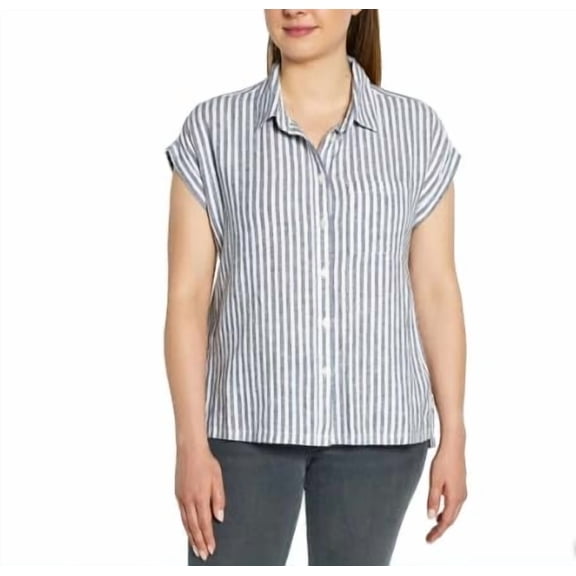 Tops for Women - Linen Blend Womens Short Sleeve Shirts - Button-Up with Collar - Dressy Casual (Blue Stripe, S)
