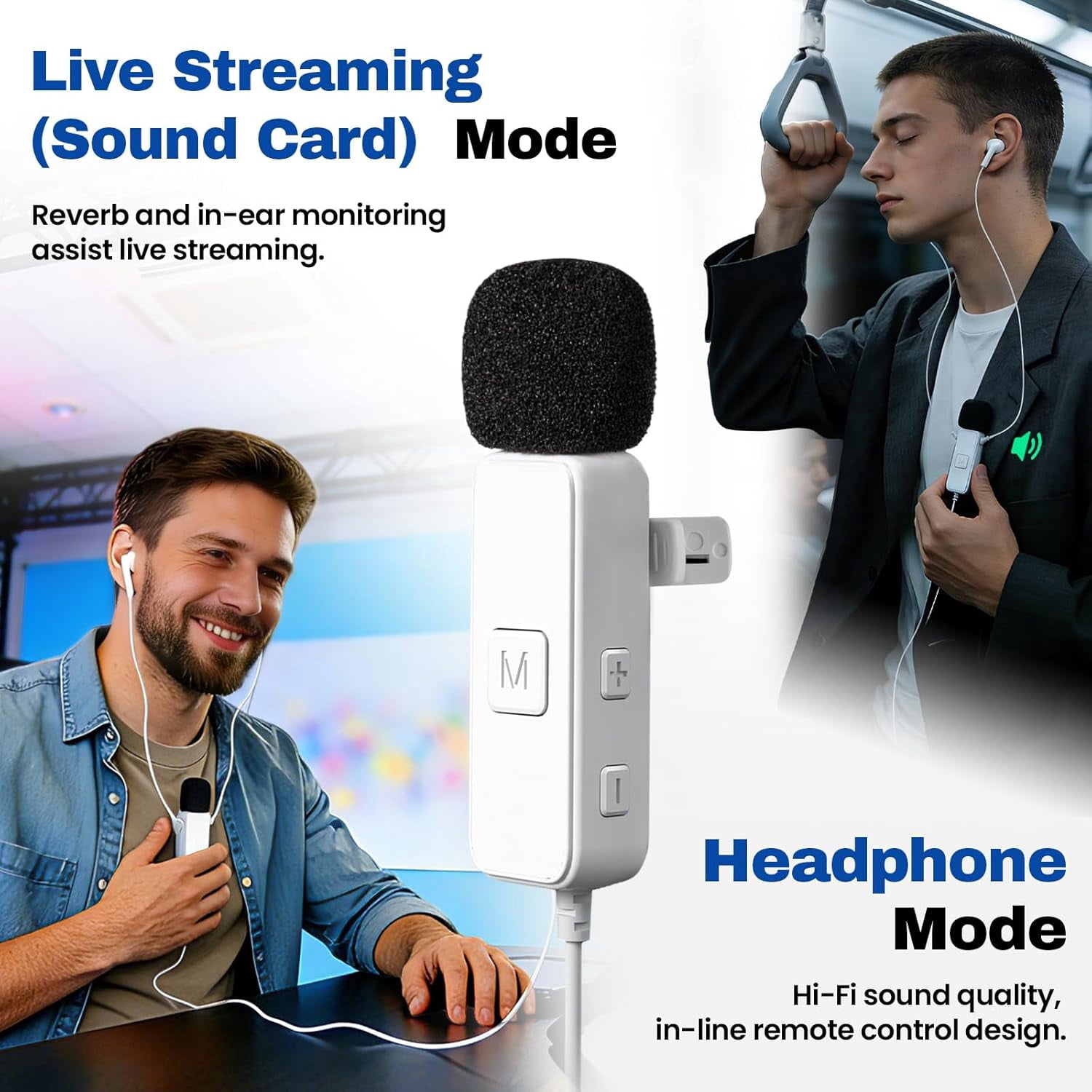 Sound Card Karaoke Headset with Real-Time in-Ear Monitoring & Microphone, 7 Sound Effects Voice Changer, Karaoke Headphones with Lavalier, 2 Modes Live Streaming Sound Card & Wired Earbuds Earphones