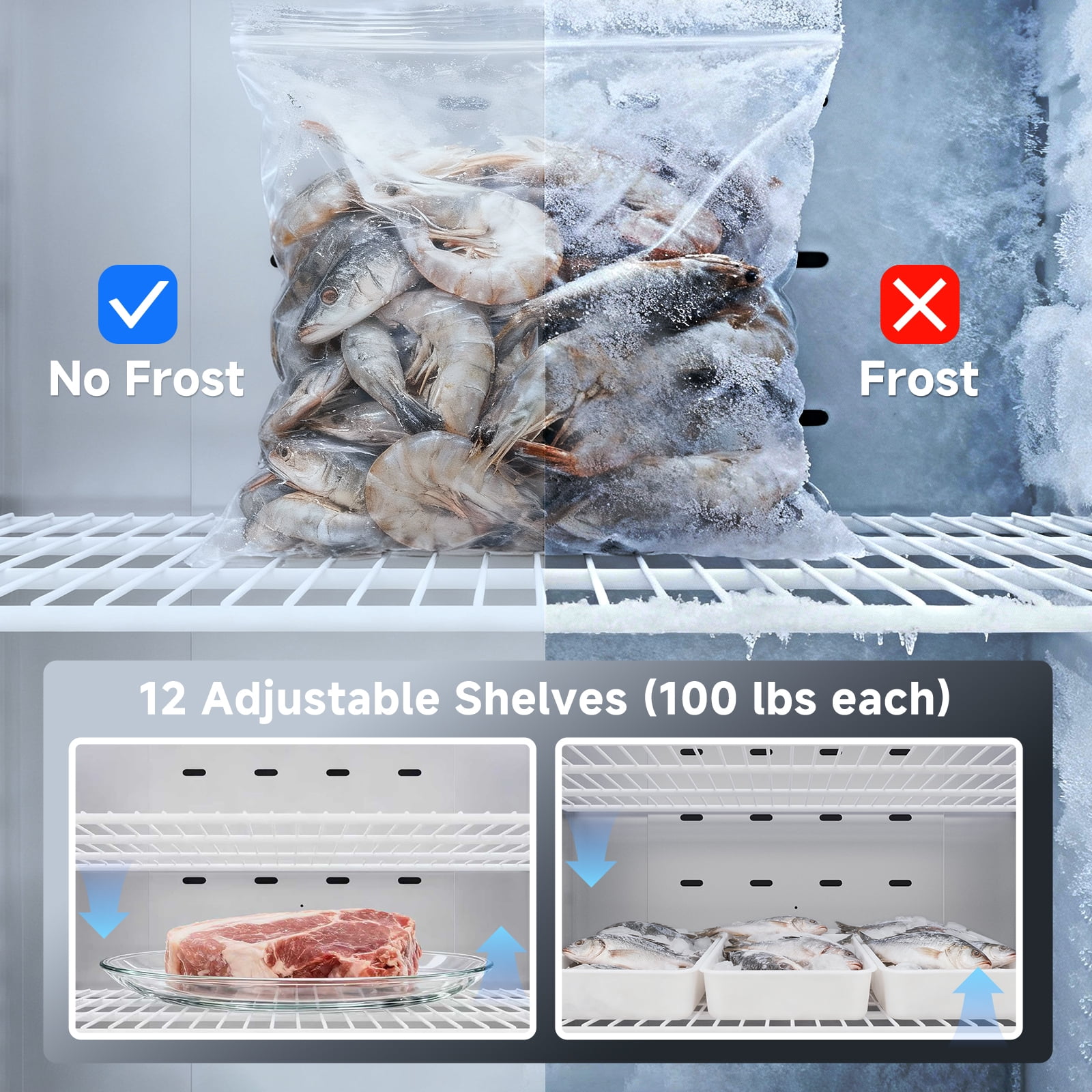 Coolake 82" Width Commercial Freezer 3 Solid Doors, 72 Cu.ft Stainless Steel Reach-in Upright Freezer with LED Lighting, Fan Cooling Freezer for Restaurant Cafe Hotel Kitchen Prep Area