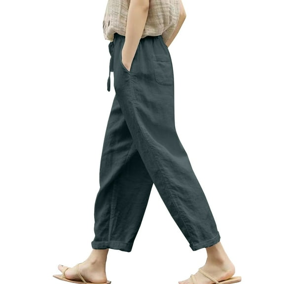 yunLCZ Women's Straight Leg Pants High Wa High Waist Linen Capris For Women Drawstring Elastic Waist Harem Pant Basic Lightweight Linen Pant