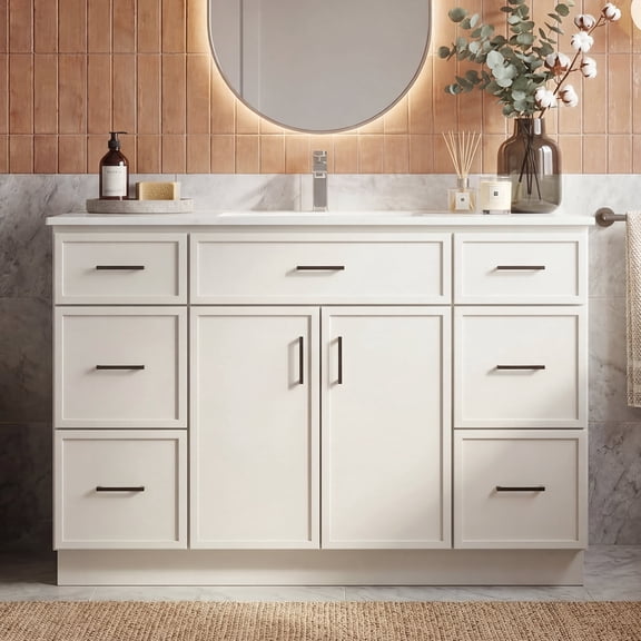 KZElegy 48" Bathroom Vanity Ceramic Sink Modern Bathroom Vanity Combo,with 6 Drawers and Soft-Close Double doors,White