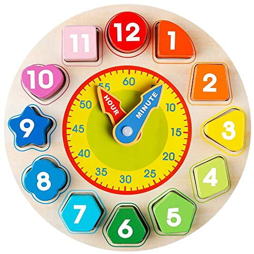 Wooden Shape Color Sorting Clock- Teaching Time Number Blocks Clock Shape Sorting Puzzle Montessori Early Learning Educational Toy Gift for 1 2 3 Year Old Toddler Baby Kids
