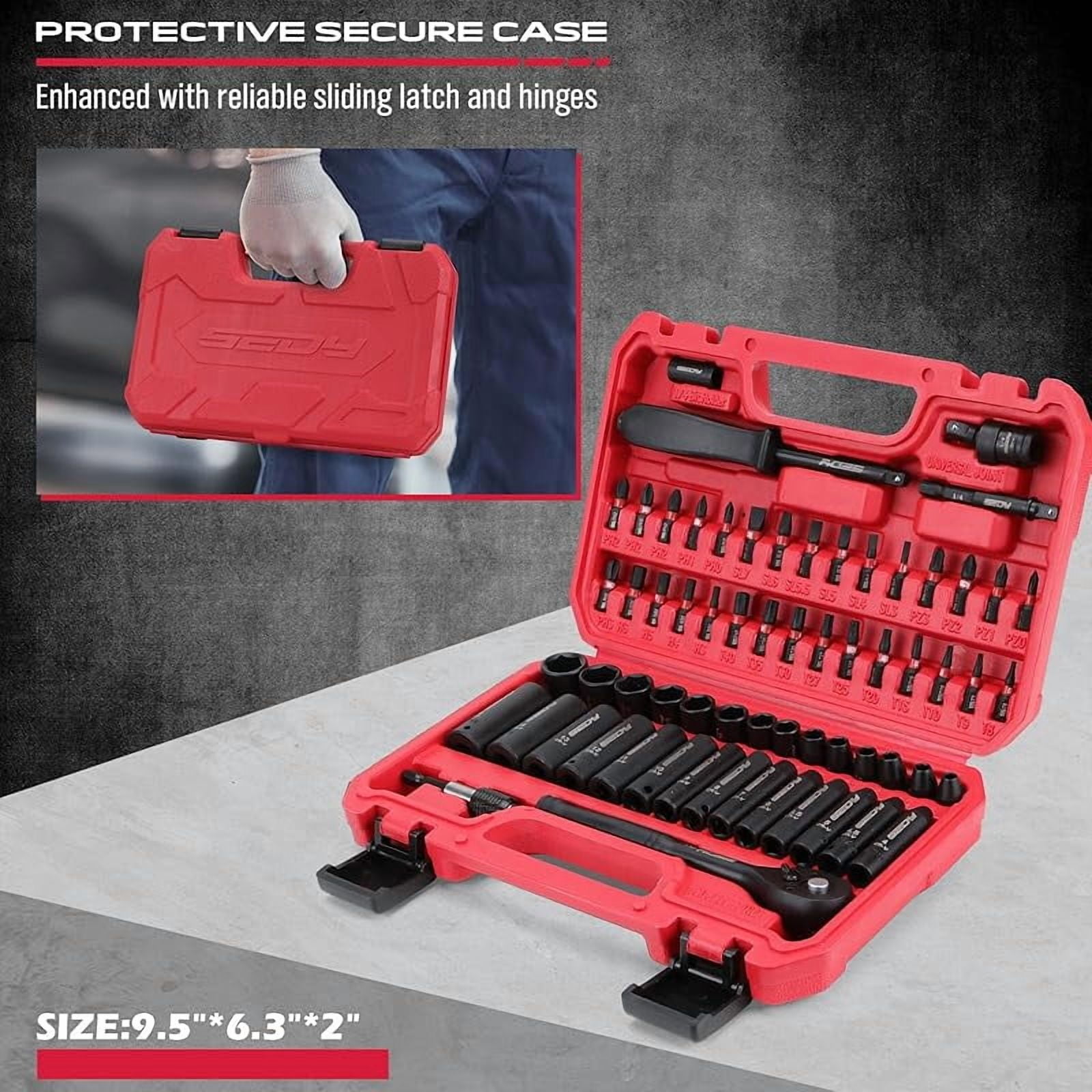 64-Piece 1/4" Drive Impact Socket Wrench Driver-Bits Set, Cr-V Metric&SAE Deep and Shallow Socket Set, S2 Power Bits with Quick-Release Ratchet Handle, Universal Joint, Bit Holder, Power Drill Adapter
