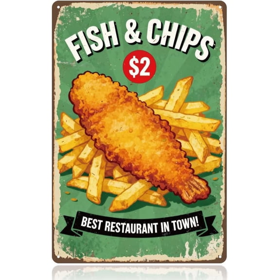 Vintage Fish and Chips Metal Tin Sign Retro Fast Food Wall Art Plaque 8x12 Inch for Home Restaurants Cafeteria Decor