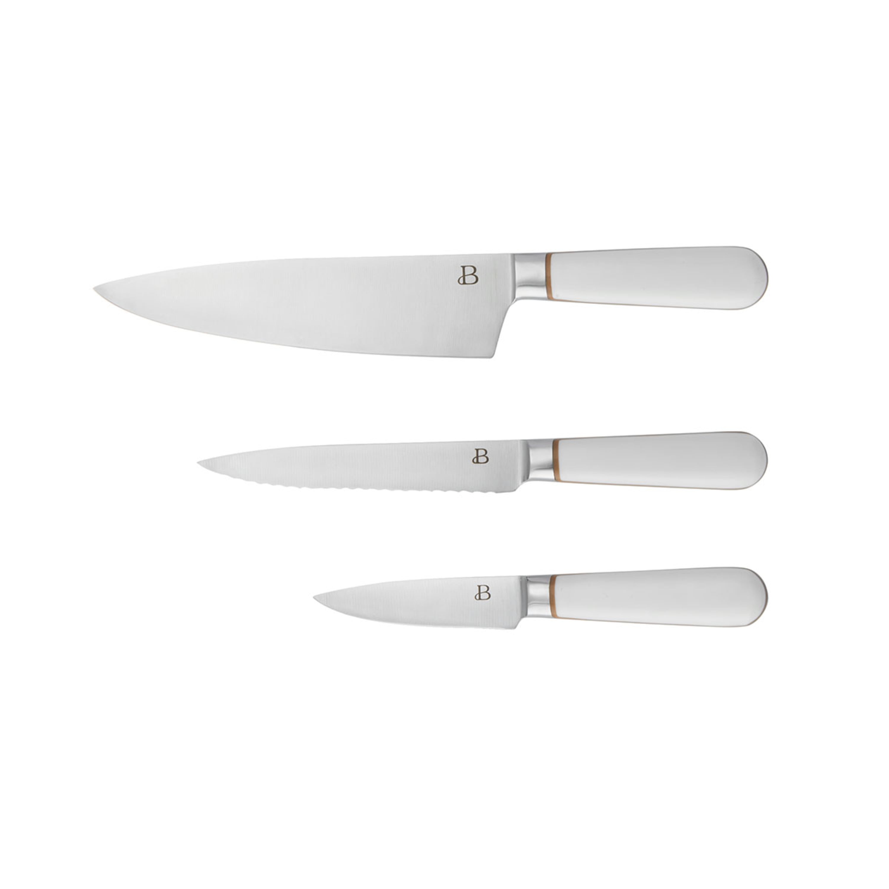 Beautiful by Drew Barrymore 3-piece Forged Kitchen Chef Knife Set in White with Gold Accents