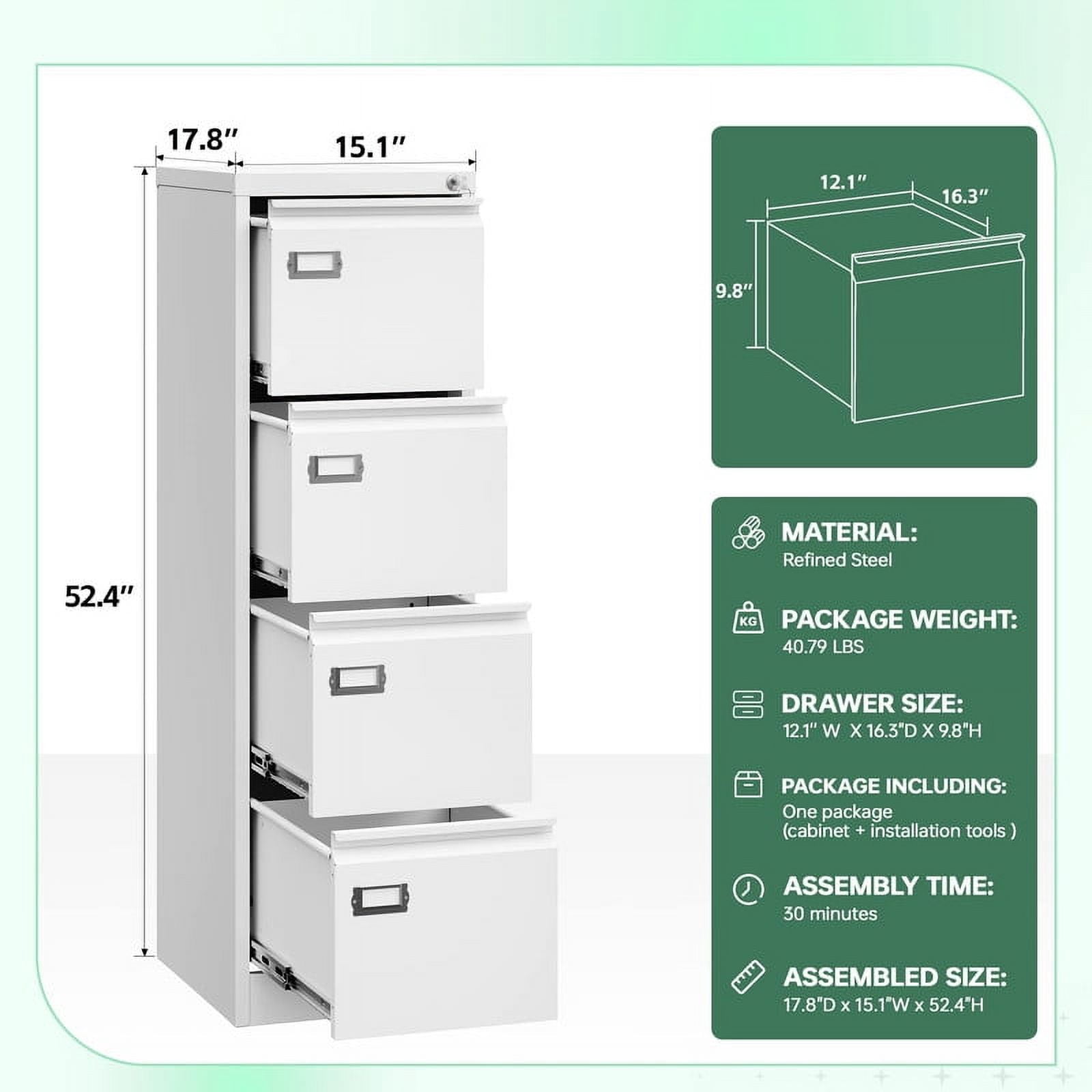 MIIIKO 4 Drawer File Cabinet,Metal Vertical Filing Cabinets with Lock,Storage A4/F4/Letter/Legal for Home Office-Assembly Required (4 Drawer-White)