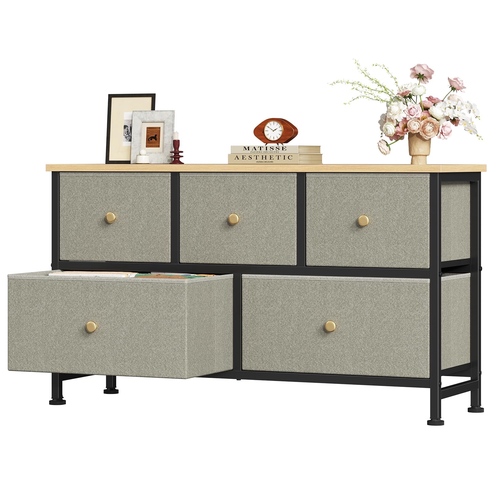 Telyra 5-Drawer Fabric Dresser TV Stand Organizer with Wood Top and Metal Frame, Greyish Green