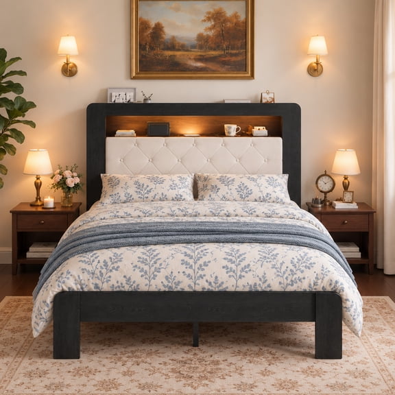Sleepnexis Queen Size Bed Frame with Storage Headboard, LED Lights, USB & Type-C Charging Ports, Velvet Upholstered Platform Bed with Wood Slats, No Box Spring Needed, Black & Cream Beige