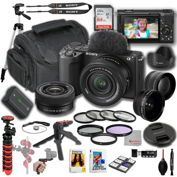 Sony ZV-E10 II   16-50mm Lens, Wide Angle and Telephoto Lens, 64GB Memory, Filters, Tripod Kit, Deluxe Case, Software & More ? Pro Video Bundle (30pc)
