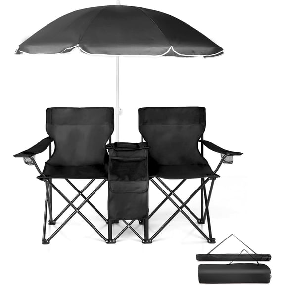 Double Camping Chair with Canopy & Cooler Bag - Folding 2-Person Outdoor Chair with Adjustable Sunshade, Cup Holders, and Carrying Case, Heavy Duty Steel Frame