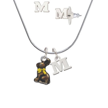 3-D Chocolate Bunny – M Initial Charm Necklace and Stud Earrings Jewelry Set