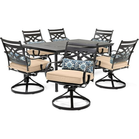 Hanover Montclair 7-Piece Steel Dining Set with 6 Swivel Rockers and Dining Table, Seats 6