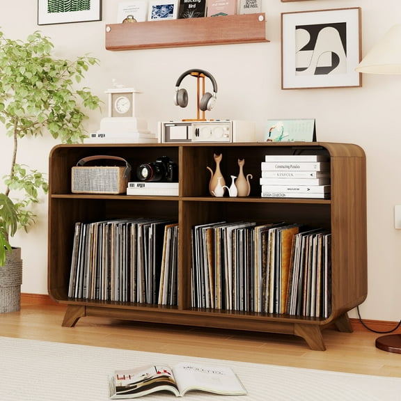 Record Player Stand with Vinyl Storage Cabinet with Charging Station USB Ports Holds Up to 350 Albums Modern Living Room Table