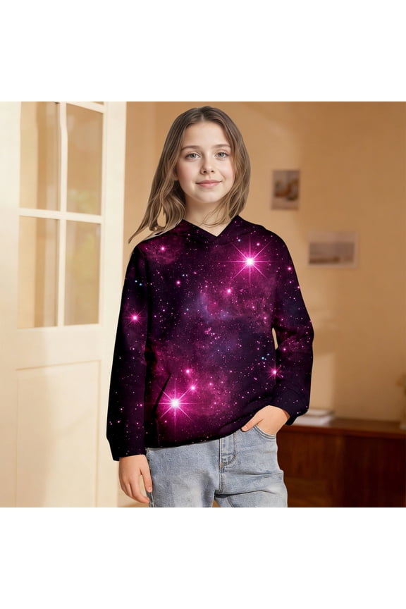 Girls 3D Solar System Graphic Hoodies Long Sleeve Sweatshirt Kangaroo Pocket Classic Casual Loose Fit Fall Pullover Top