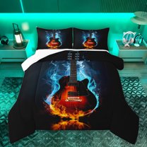 Homewish Guitar Print Full Size Comforter Sets,Rock Music Bedding Comforter Set,Musical Instrument Lovers Bedding Sets For Boys Kids,Ultra Soft Home Decor,3 Pieces