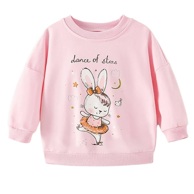 2025 3-8Y Girls Cartoon Sweatshirts Printed Tops Spring Fall T-Shirt Round Neck Solid Colour Long Sleeve Base Shirt Pink
