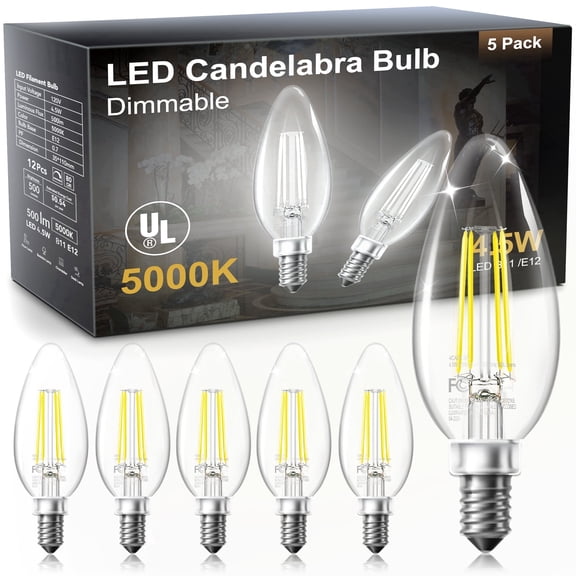 DAYBETTER B11 Filament Candle Light Bulbs, 4.5W E12 Led Candelabra Bulbs 40W Equivalent, Dimmable Chandelier Light Bulbs, High Brightness 500 LM Daylight 5000K, Clear Glass Style for Home, 5 Pack