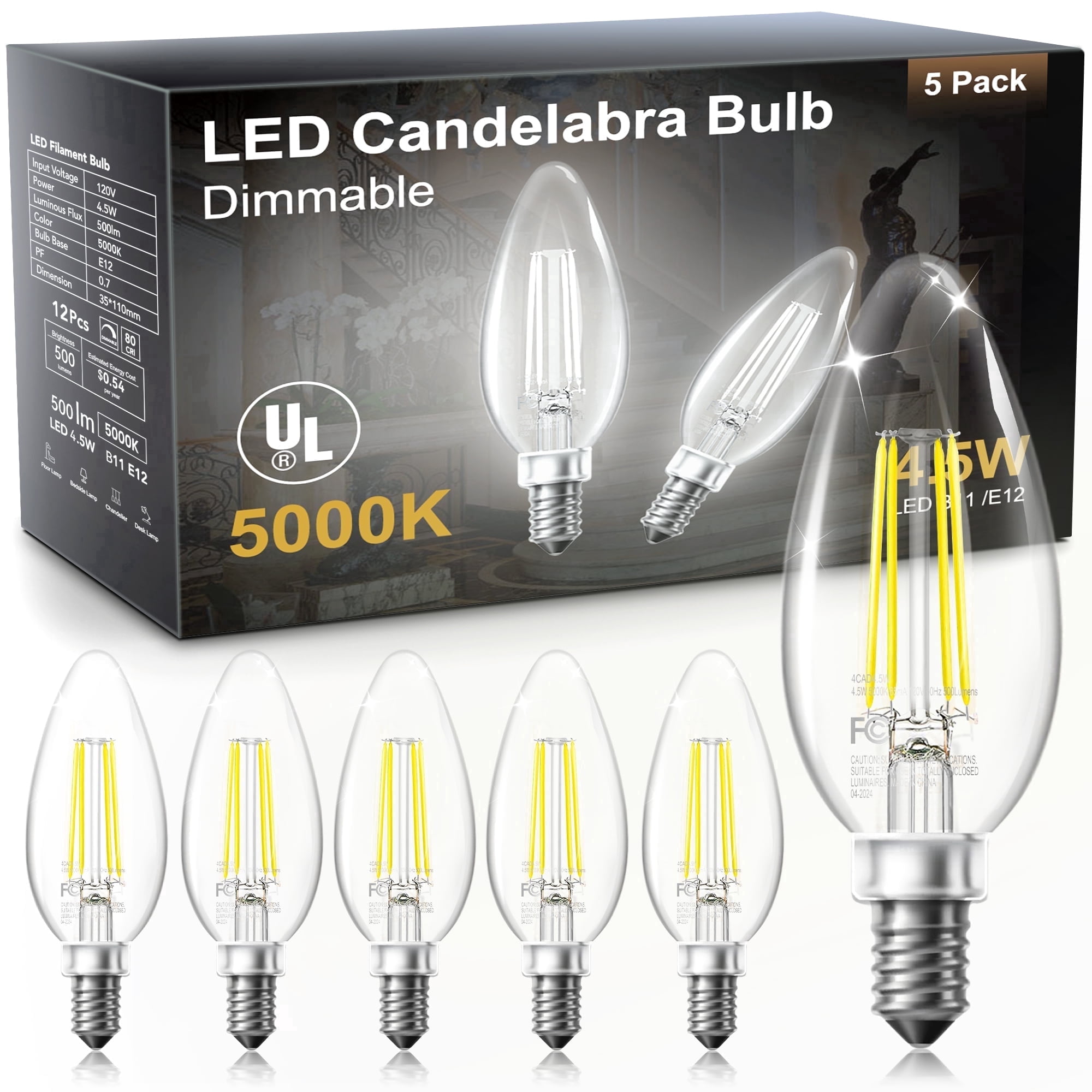 DAYBETTER B11 Filament Candle Light Bulbs, 4.5W E12 Led Candelabra Bulbs 40W Equivalent, Dimmable Chandelier Light Bulbs, High Brightness 500 LM Daylight 5000K, Clear Glass Style for Home, 5 Pack