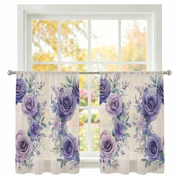 Purple Flower Sheer Curtains 45 inches Long, Spring Wreath Light Filtering Sheer Window Curtains Rod Pocket Voile Drapes for Bedroom Living Room, 2 Panels