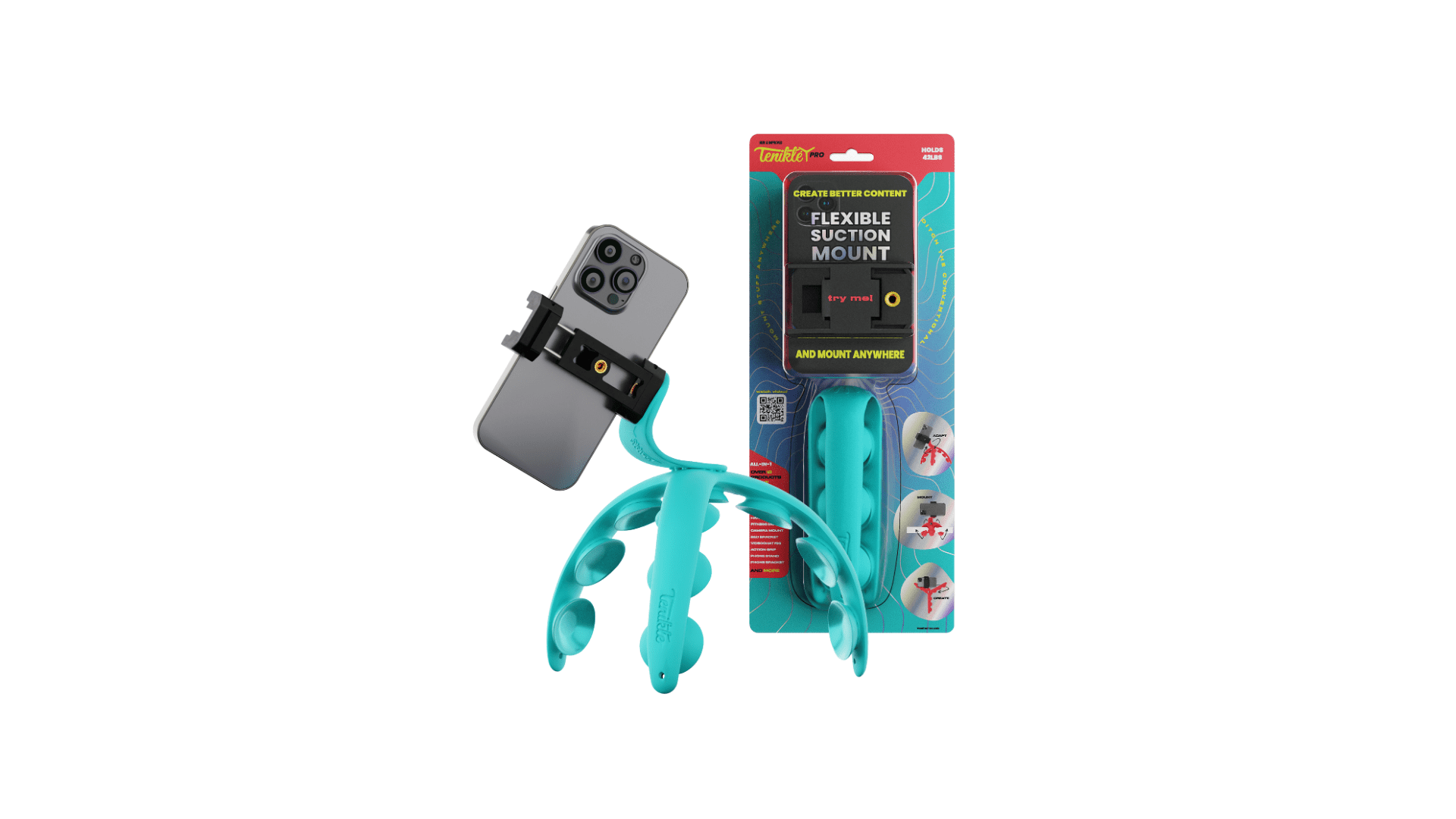 Tenikle Pro Bendable Suction Cup Tripod for Phone & Camera as Seen on Shark Tank Universal Teal