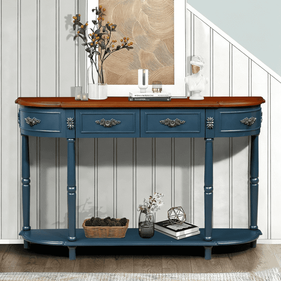 52" Retro Half Moon Console Table - Curved Wood Sofa Table with 2 Drawers & Open Shelf for Entryway, Living Room & Hallway in Navy Blue