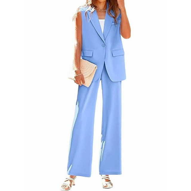 Conjuntos de 2 Piezas para Mujer: Chaleco Sin Mangas y Pantalón , Conjunto de Blazer Informal de Negocios. Azul XL
