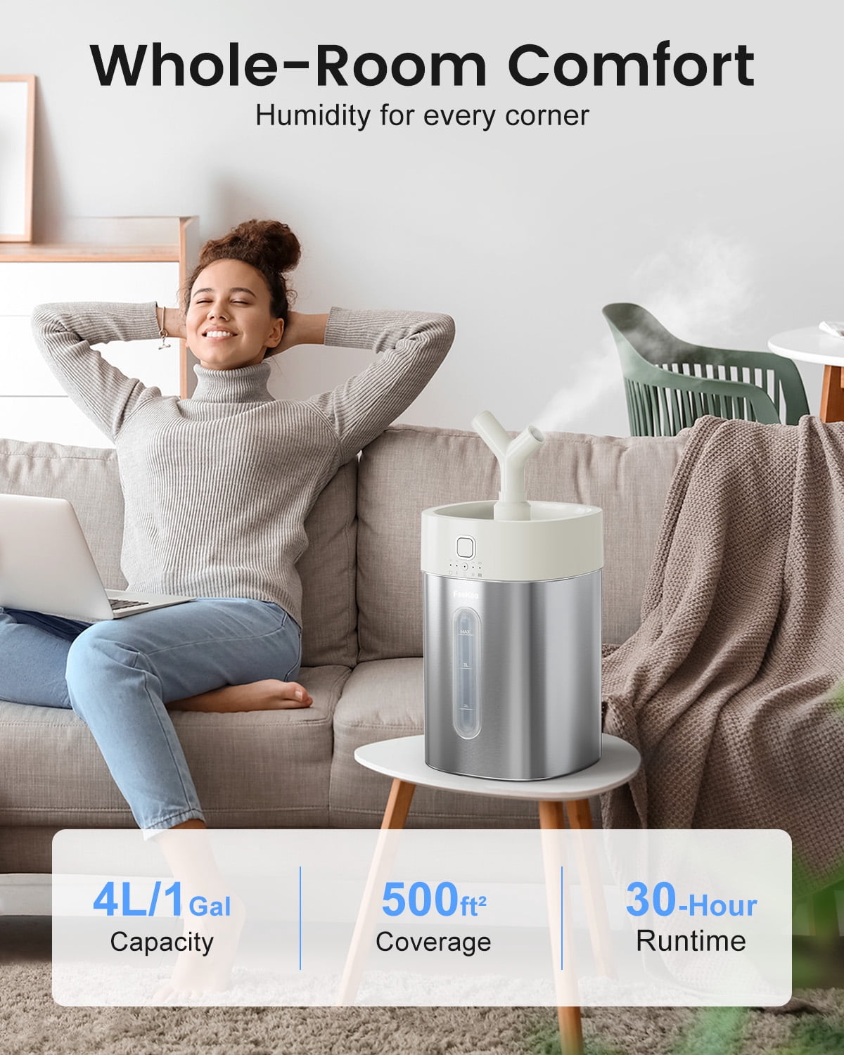 Stainless Steel Humidifier Dishwasher Safe, 4L/1Gal Cool Mist Humidifiers for Room Bedroom, Easy Clean Humidifier Large Room, Humidifiers for Baby Nursery Living Room Office Plant, White