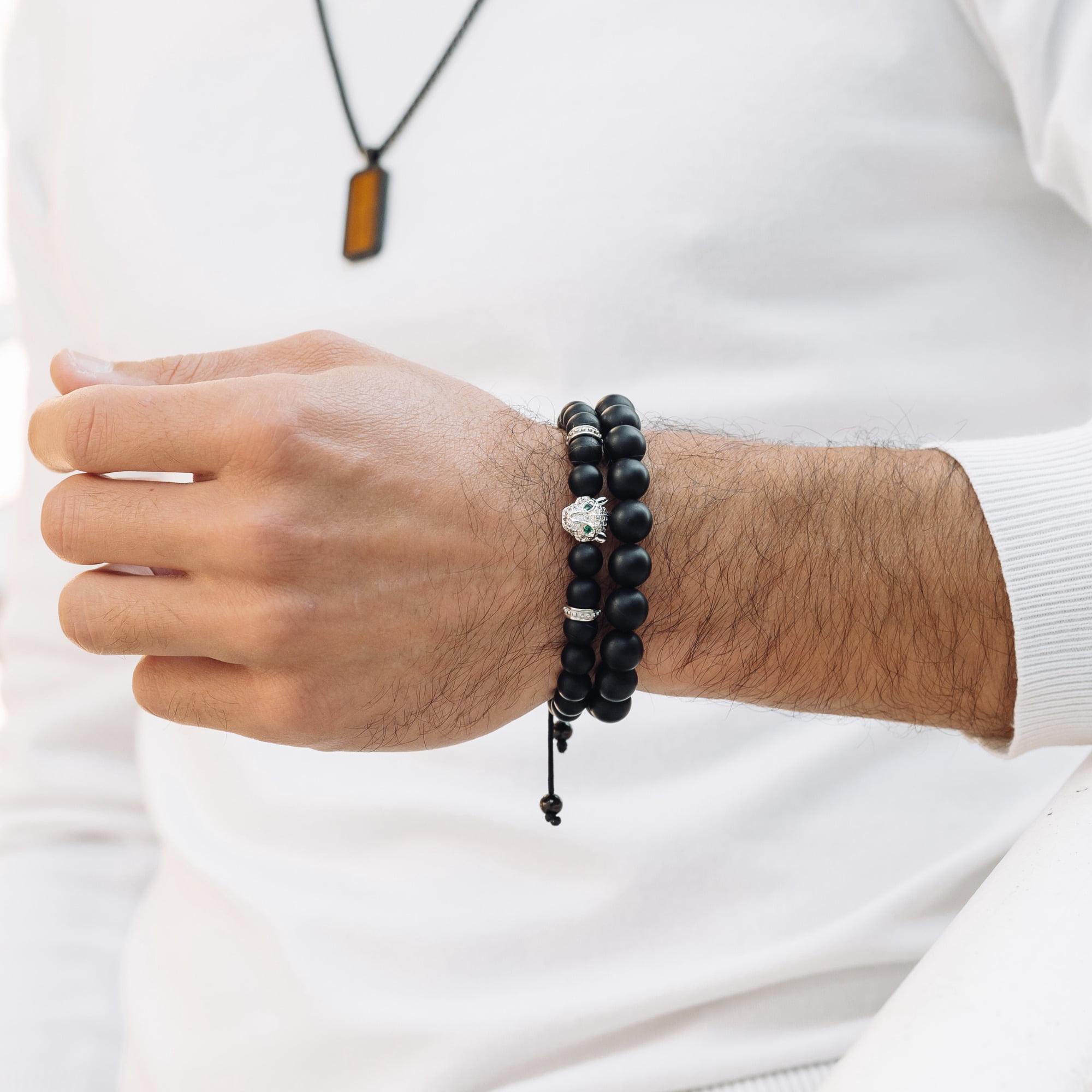 Men's BLACK ONYX Bracelet with Silver LEOPARD Head | Gift for Men | One Size Fits All | 100% Natural | Gemstone Adjustable Bracelet
